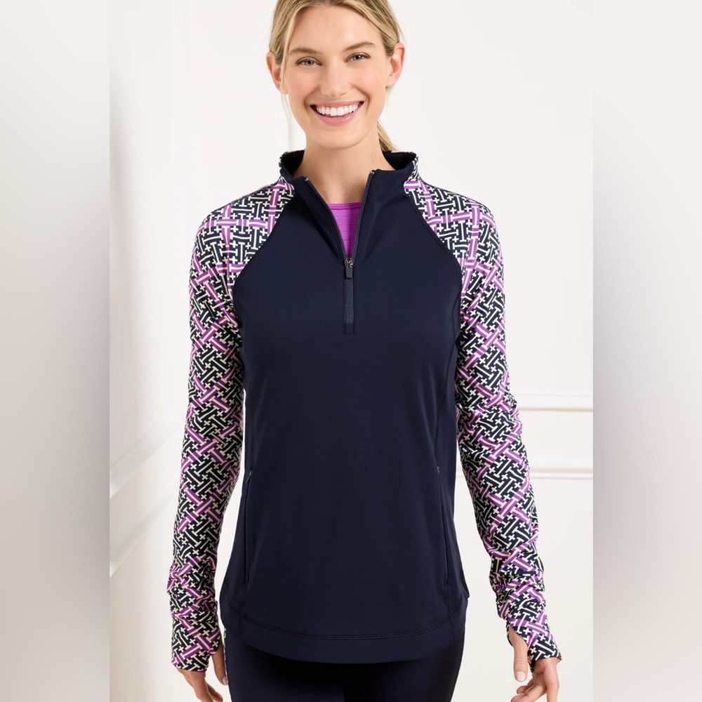 TALBOTS PERFORMANCE INTERLOCK LONG SLEEVE 3/4 zip PULLOVER NAVY/WHITE/PURPLE S